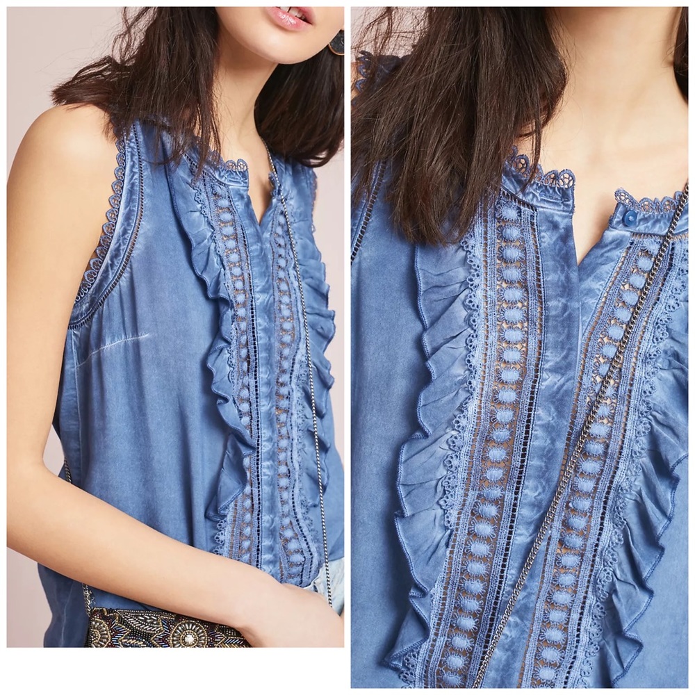 James Coviello for Anthropologie Blue Lace Trim Blouse
